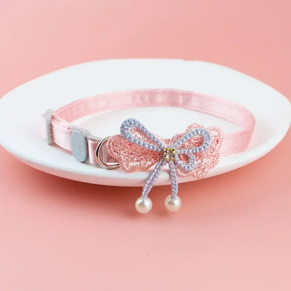 ✨ Cute Pink Lace Bow & Bead Cat Choker with Bell 🐾 Perfect Pet Accessory! 💖