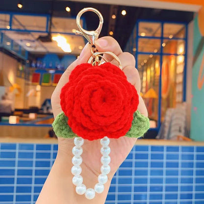 Fluffy Knit Rose Keychain Crochet Flower Pendant With Pearl Wrist Strap 🎀🌸🧶