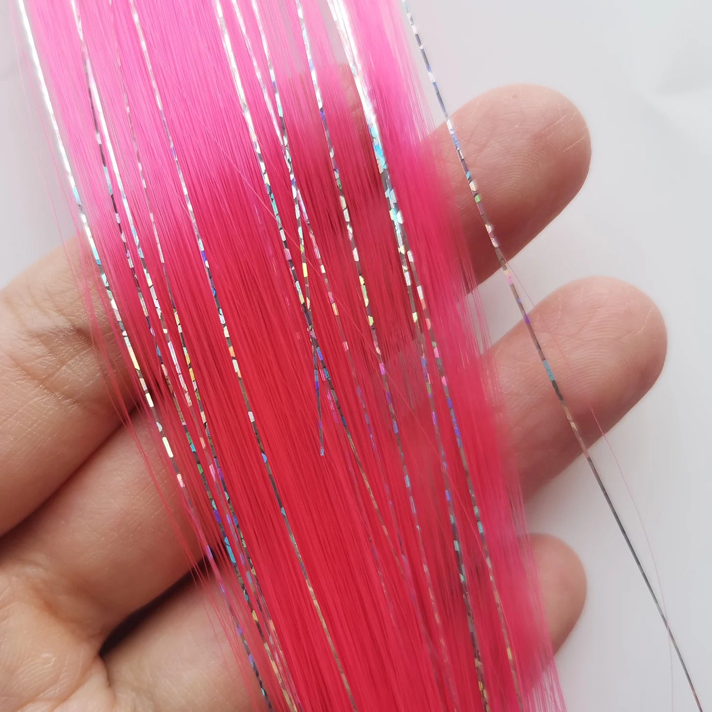 Clip In Pink Hair Extensions With Silver Tinsel Rainbow Highlights For Women ✨💖