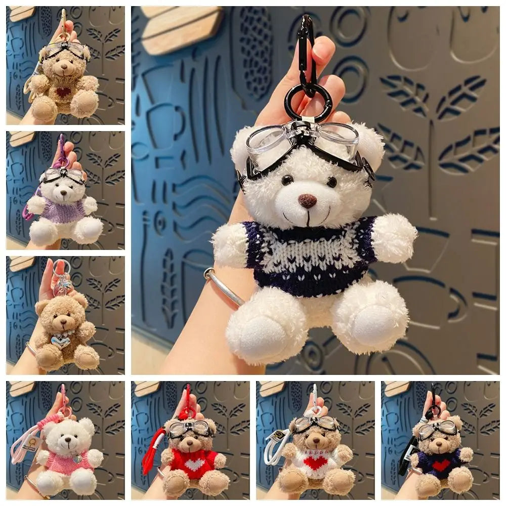 Pilot Bear Keychain With Goggles Plush Pendant Pearl Rope Accessory 🧸🪢