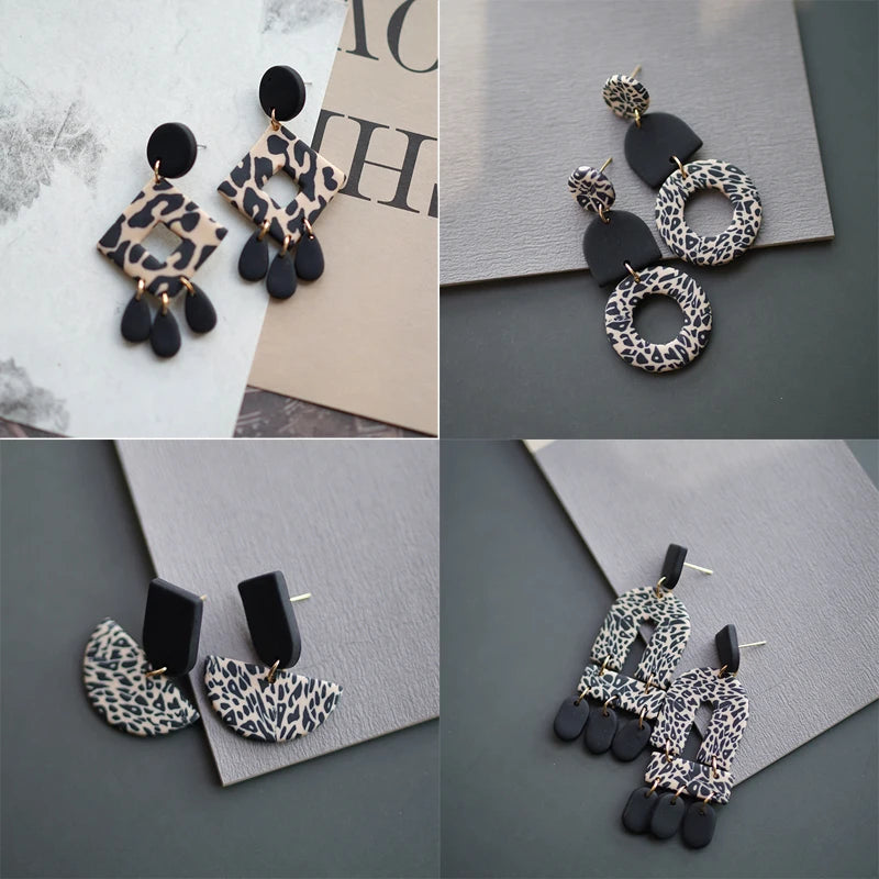 Leopard Pattern Polymer Clay Earrings Set 🐆 Multi Shapes Black White Drops ✨