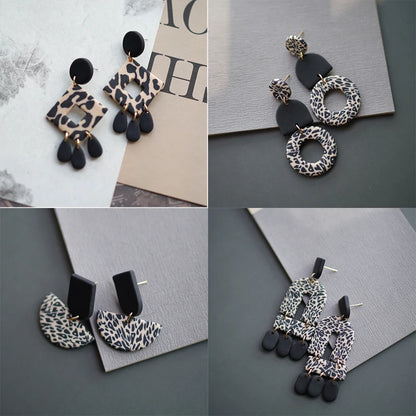 Leopard Pattern Polymer Clay Earrings Set 🐆 Multi Shapes Black White Drops ✨