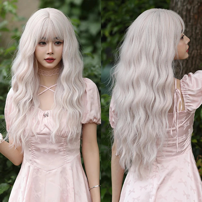 Kawaii Dreamy Sakura Pink Wavy Wig 🌸✨ | High-Density Curly Hair with Bangs for Sweet Girls 💖🎀
