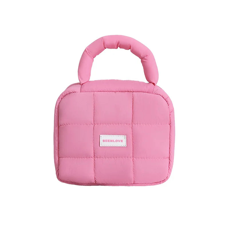Kawaii Puffed Cosmetic Bag 🌸✨ Cute Quilted Toiletry Pouch for Travel 👜💕 Multi-Purpose Makeup Case