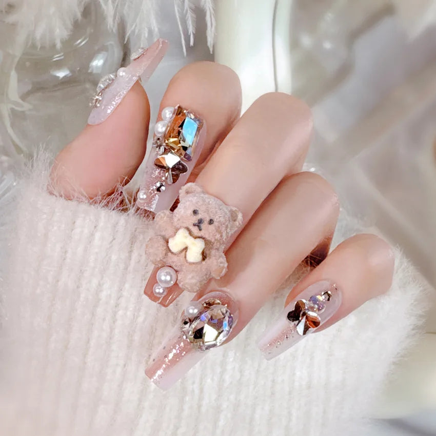 Kawaii Glittery Bear & Rabbit Press-On Nails 🎀✨ - 24Pcs Luxury Rhinestone False Nails with Jelly Glue! 🐻🐰💖