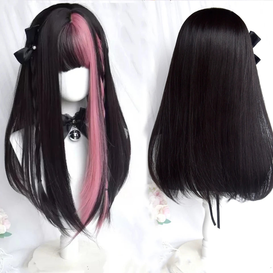 Kawaii Black & Blue Long Straight Lolita Wig 💖✨ Perfect for Cosplay & Parties! 🎉🎀