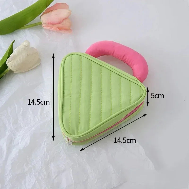 Kawaii Triangle Makeup Pouch 🌟 Cute Travel Cosmetic Bag 👜 Zipper Organizer for Toiletries & Beauty Essentials 🎀