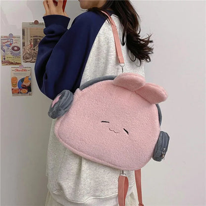 Bunny Earphone Backpack 🐰💕 - Cute Rabbit Head Design, Spacious & Stylish Schoolbag for Women!