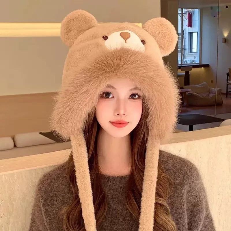 Cozy Bear Ear Beanie Knit Hat For Women Winter Warmth Plush Polyester 🧸