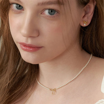 Kawaii Beaded Bow Pendant Necklace 🌟💕 - Adorable True Gold Color Tie Knot Charm for Every Occasion!