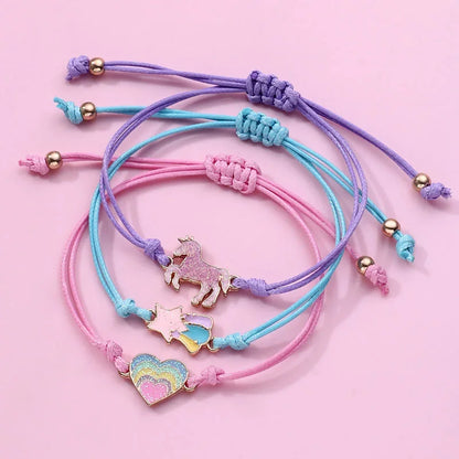 Kawaii Charm Bracelet Set 🌈💕 | 3Pcs Braided Unicorn, Heart & Star Accessories for Kids 🎀✨