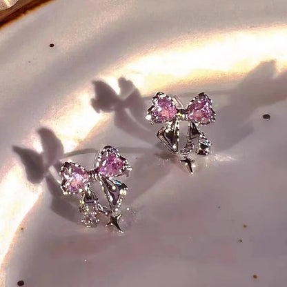 Kawaii Bowknot Pink Crystal Stud Earrings ✨💖 | Fashionable Zircon Jewelry for Women 🌸🎀 | Perfect Gift for Party Girls!