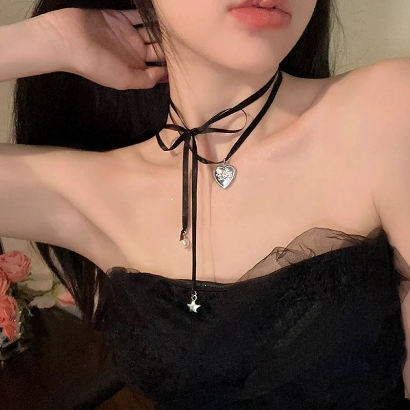 ✨Sweet Peach Heart Vibes 💖 Rope Ribbon Pendant Necklace for Trendy Ladies! 🌟