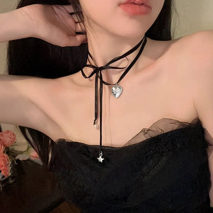✨Sweet Peach Heart Vibes 💖 Rope Ribbon Pendant Necklace for Trendy Ladies! 🌟