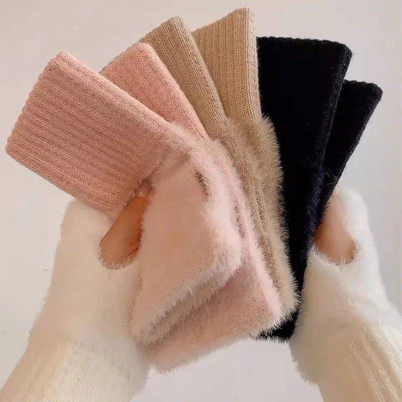 Cozy Plush Knit Fingerless Gloves For Women Warm White Wrist Mittens ❄️