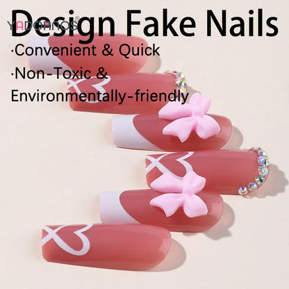 Kawaii Pink Bowknot & Diamond French Tip Press-On Nails 💖✨ | Medium Length Nail Art for Sweet Girls 🌸💅