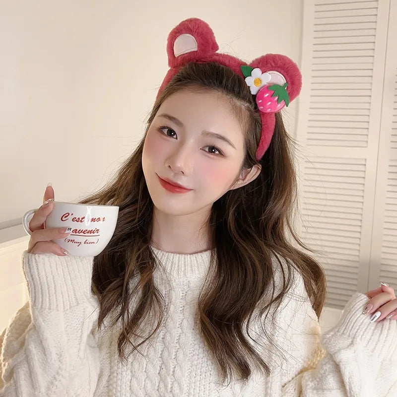 Kawaii Strawberry Bear Plush Hairband 🎀✨ Cute Face Wash Headband for Women & Girls! 🍓💖