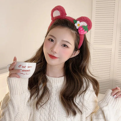 Kawaii Strawberry Bear Plush Hairband 🎀✨ Cute Face Wash Headband for Women & Girls! 🍓💖