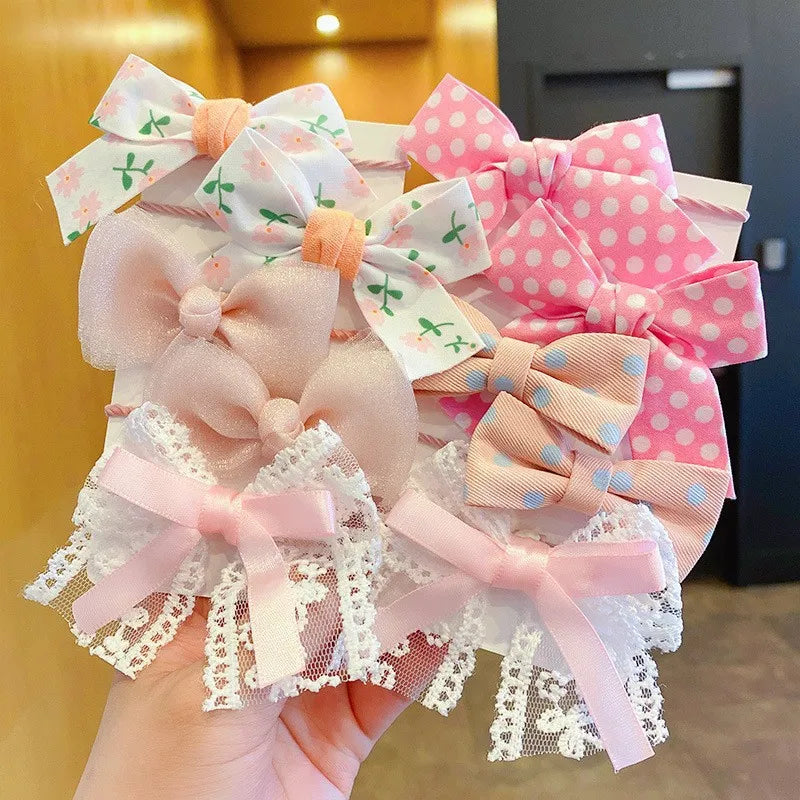 Kawaii 10-Piece Floral Bow Hairbands 🌸✨ | Adorable Elastic Hair Ties for Girls 🎀💕 | Stylish Kids' Headwear Accessories