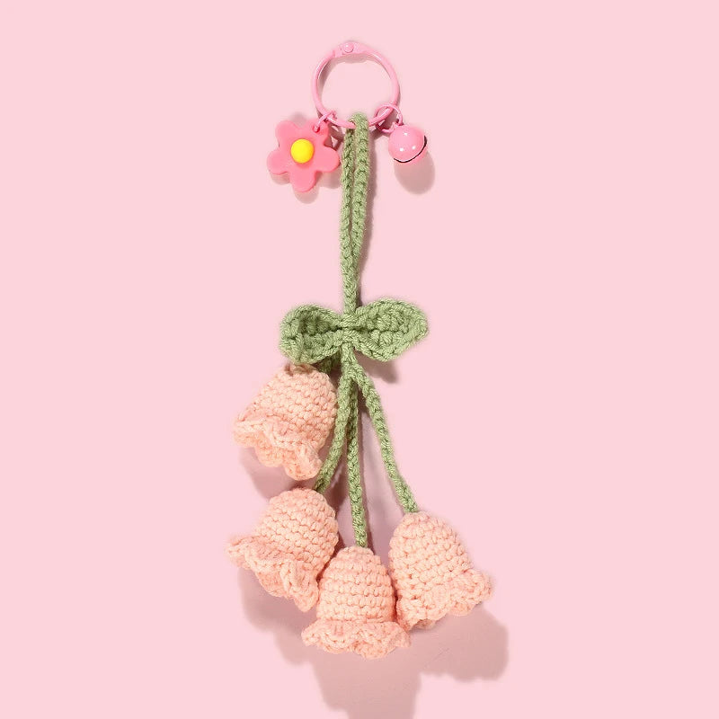 Fluffy Knitted Flower Keychain With Bell 🔔 Crocheted Wool Bag Charm For Women