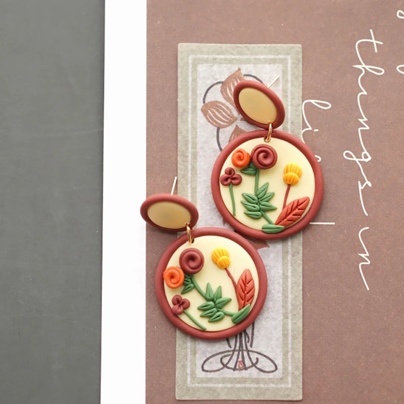 Handmade Crafts Flowers Circle Floral Multi Colors Ethnic Nature Round Polymer Clay Dangle Earrings Sets For Women Gifts