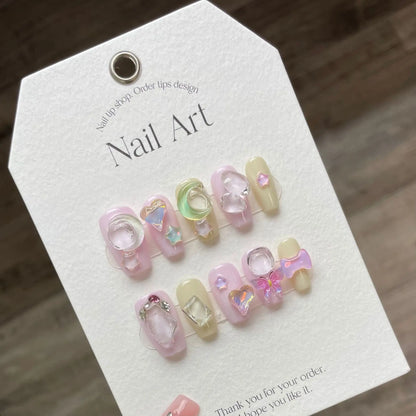 Kawaii 10Pcs Starfish & Rabbit Press-On Nails 🌊🐇✨ | Colorful Handmade Full Cover Nail Tips for a Cute Manicure!