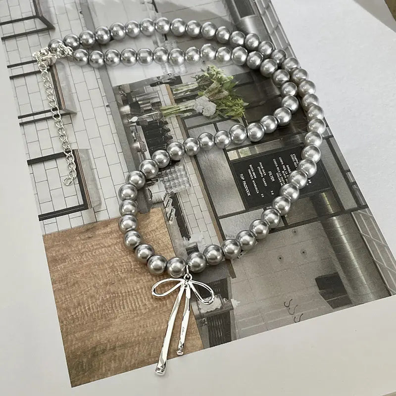 Kawaii Grey Pearl Bow Necklace & Earrings Set 🌸✨ Cute Handmade Jewelry for Trendy Women