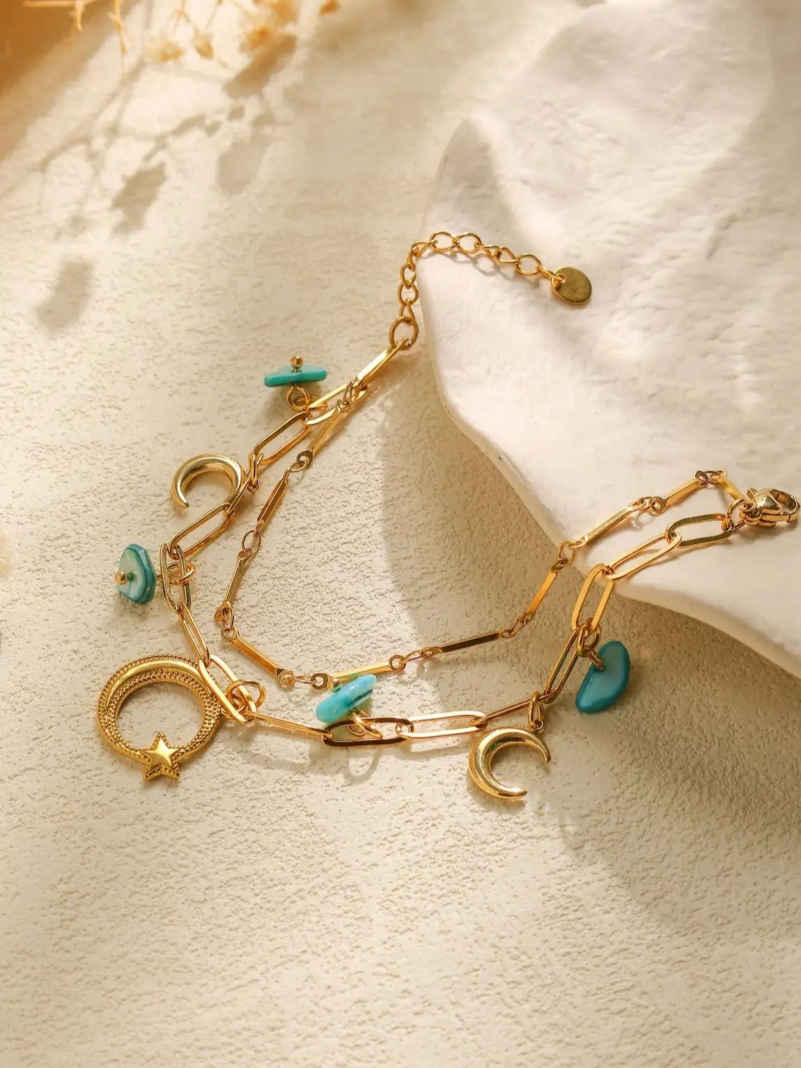 Pastel Moon Sun Starfish Pendant Double Layer Natural Stone Bracelet For Women Waterproof Beach Party Gift 🪸🌙✨💖