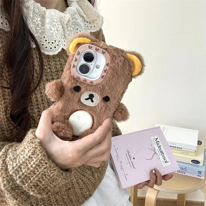 Kawaii Plush Bunny Teddy Bear Phone Case 🐰✨ for iPhone 12-16 Pro Max – Adorable Custom Scarf Design!