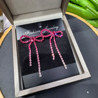 Kawaii Charm ✨ Colorful Rhinestone Bow Dangle Earrings with Long Tassels 🌈 Cute Sparkly Jewelry for Women