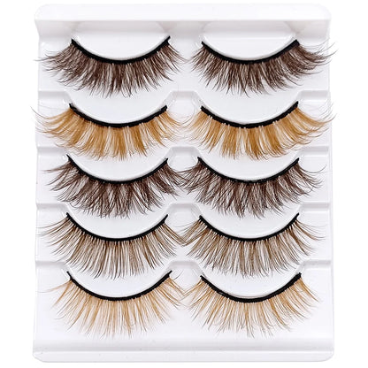🌈 Kawaii 5 Pairs Faux Mink Brown Strip Lashes ✨ Whimsical Eye Extensions for Fun Looks! 🥳
