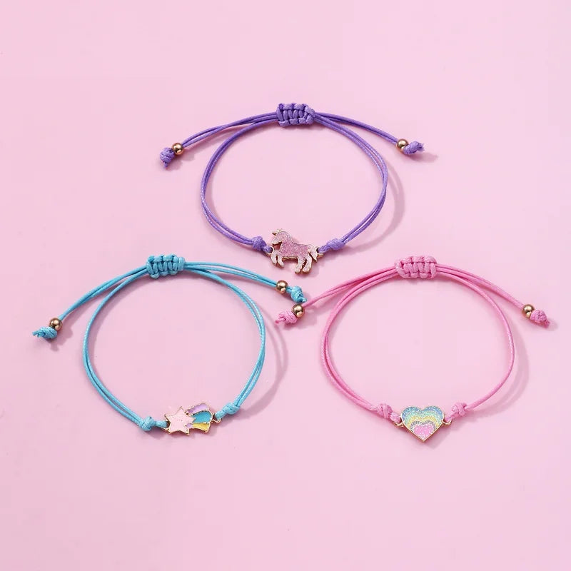 Kawaii Charm Bracelet Set 🌈💕 | 3Pcs Braided Unicorn, Heart & Star Accessories for Kids 🎀✨