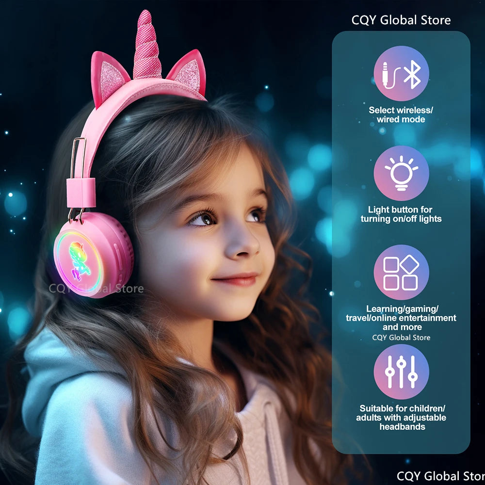 Kawaii Rainbow Unicorn Wireless Headphones 🎧✨ - Cute Stereo Earphones for Kids with RGB Lights & Mic, Perfect Gift! 🦄💖