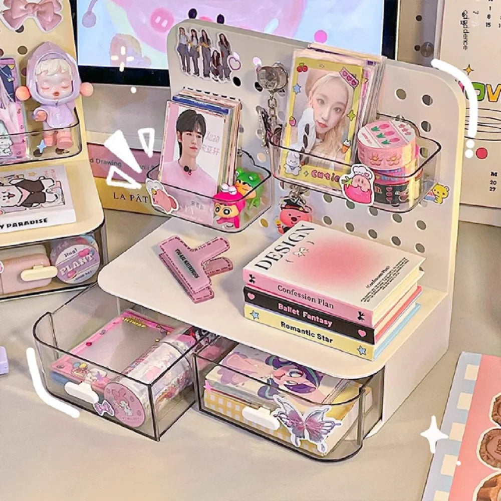 Kawaii Desktop Stationery & Cosmetics Organizer 🌸✨ - Perforated Rack for a Fun Workspace!