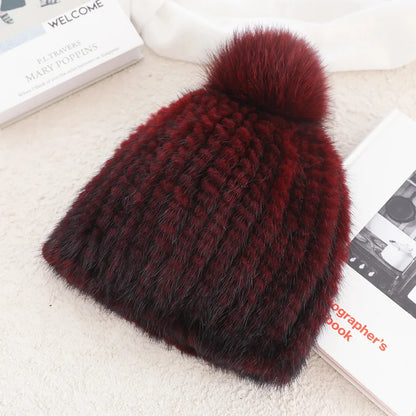 Fluffy Real Mink Fur Hat For Women With Fox Fur Pom Poms ❄️ Cozy Winter Beanie