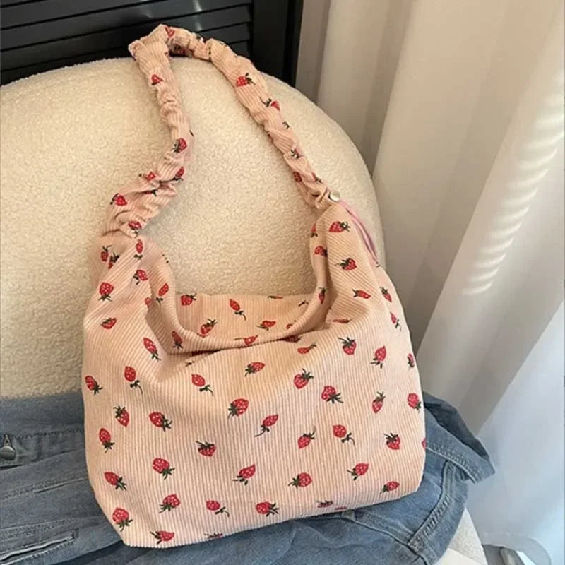 Cute Strawberry Print Corduroy Bucket Bag 🍓✨ | Stylish Pleated Crossbody Messenger Handbag for Women 💖
