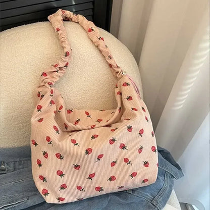 Cute Strawberry Print Corduroy Bucket Bag 🍓✨ | Stylish Pleated Crossbody Messenger Handbag for Women 💖