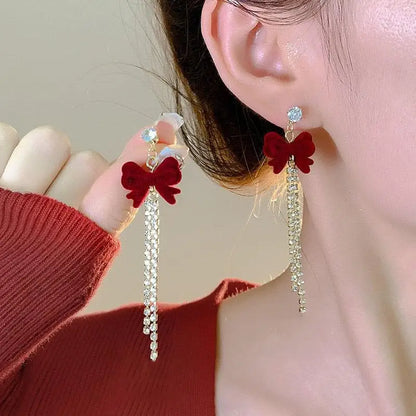 Charming Wine Red Bow Pearl Tassel Earrings 🎀🌟 | Kawaii 2024 Bridal Jewelry ✨