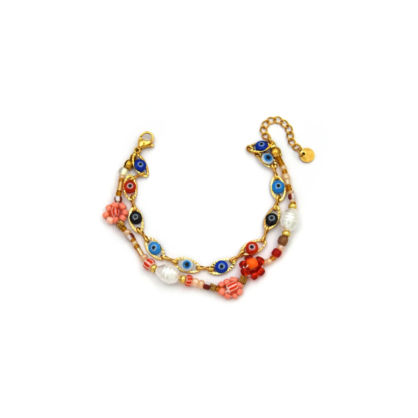 Stainless Steel Evil Eye Pearl Double Layer Bracelet For Women Enamel Rice Beads Jewelry With Lucky Turkish Charm 🧿✨💎