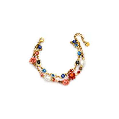 Stainless Steel Evil Eye Pearl Double Layer Bracelet For Women Enamel Rice Beads Jewelry With Lucky Turkish Charm 🧿✨💎