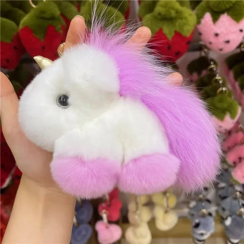 Kawaii Fluffy Unicorn Keychain Charm 🦄✨ Real Rabbit Fur Backpack Clip & Handbag Accessory for Girls & Women