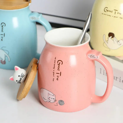 Kawaii Cat Ceramic Mug with Wooden Lid & Spoon 🐾💕 | Adorable Heat-Resistant Drinkware for Milk, Yogurt & More! 🍶✨