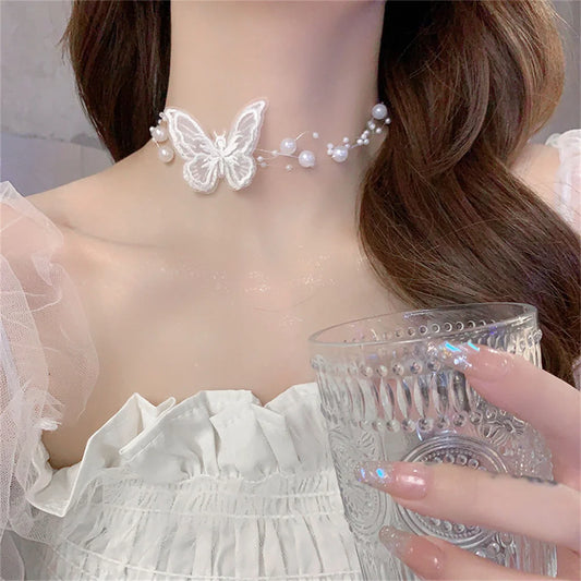 Kawaii Butterfly Choker Necklace with Imitation Pearls & Snake Chain ✨💖 Perfect for Party Vibes!