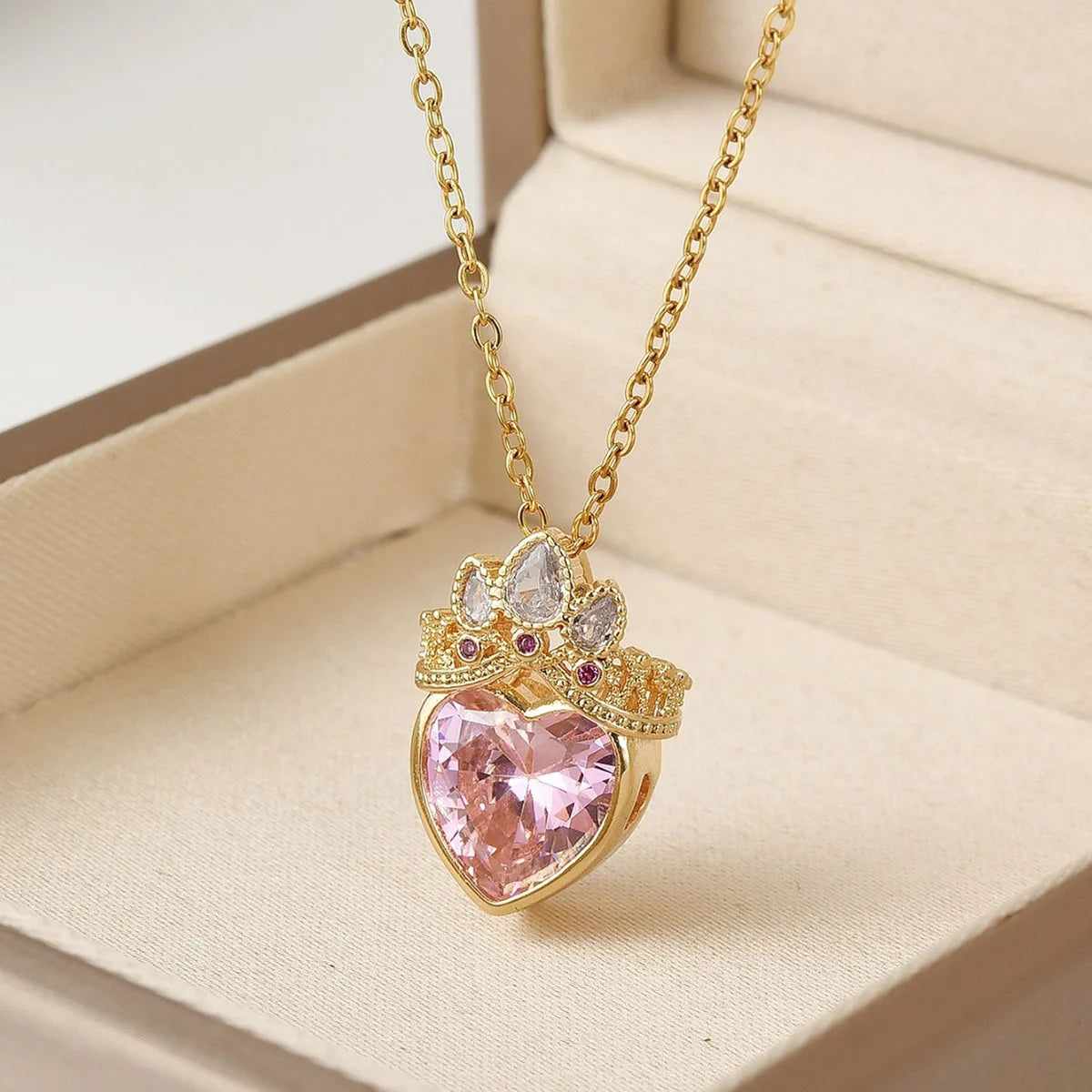 Pink Crown Heart Necklace For Women Stainless Steel Collarbone Chain 💗👑✨