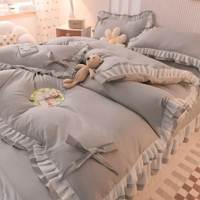 🌟 Kawaii Green Seersucker Bedding Set 🌙 4-Piece Princess Duvet & Pillowcase - Cute Home Decor! 🛏️💚