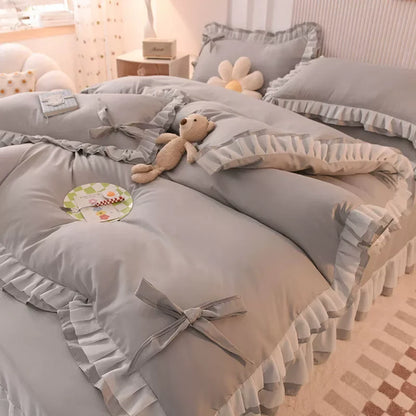 🌟 Kawaii Green Seersucker Bedding Set 🌙 4-Piece Princess Duvet & Pillowcase - Cute Home Decor! 🛏️💚