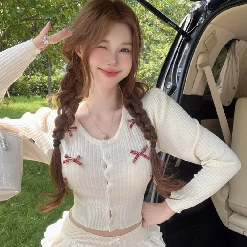 Kawaii Bow-Embellished Cardigan 🌸 | Adorable Round Neck Knit Sweater for Women 💕 | Perfect for Spring & Autumn 🍂✨