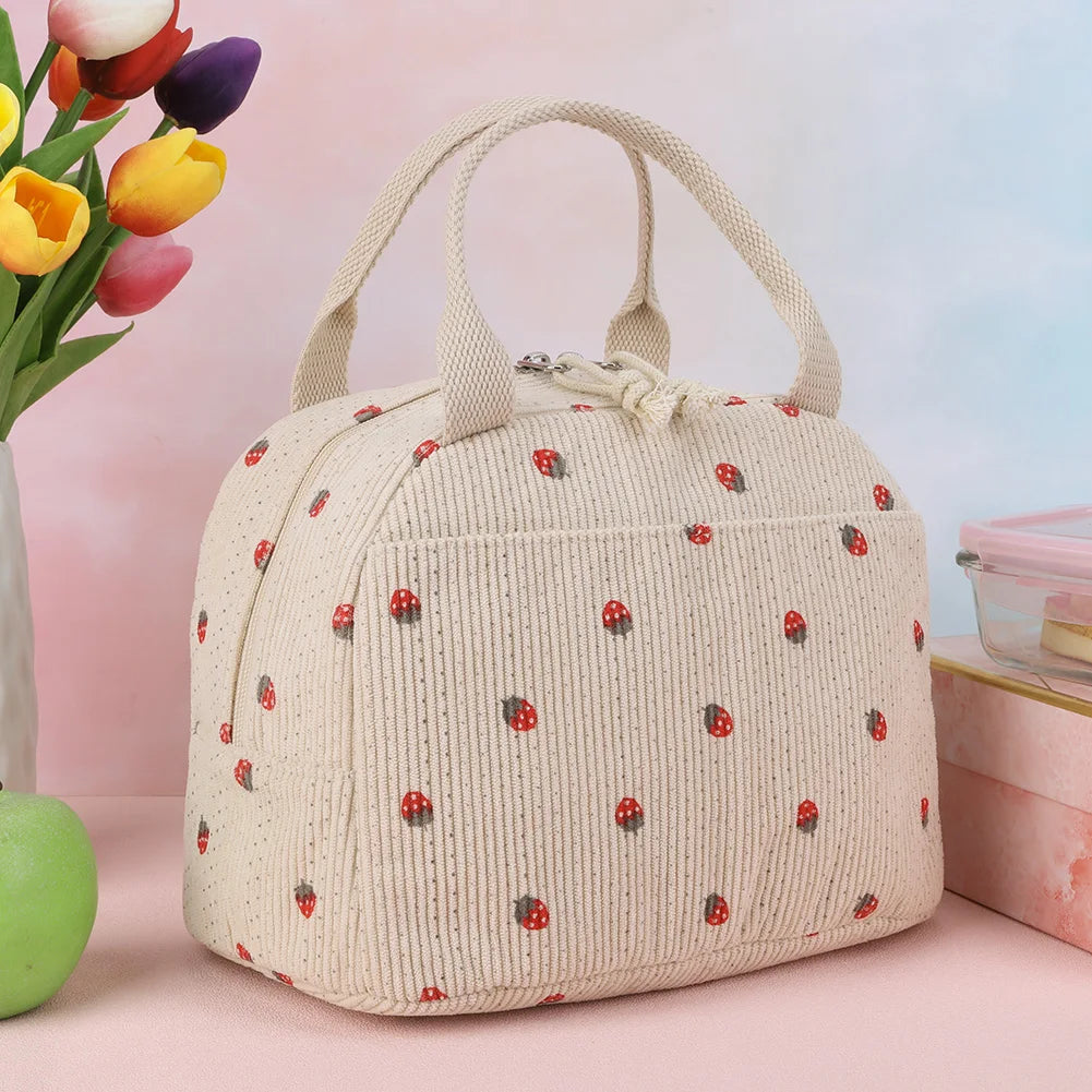 Kawaii Corduroy Lunch Bag 🌼🍓 | Insulated & Spacious Tote for Women, Girls & Kids - Perfect for Work, Travel & Picnics!