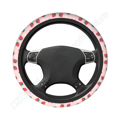 Kawaii Strawberry Flowers Steering Wheel Cover 🌸🍓 | Anti-Slip Elastic Car Accessory 🌈 | Universal Fit 15" Protector 🛡️