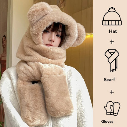 Cozy Winter Bear Ear Hooded Cap Scarf Gloves 3 In 1 Set 🐻❄️🧤